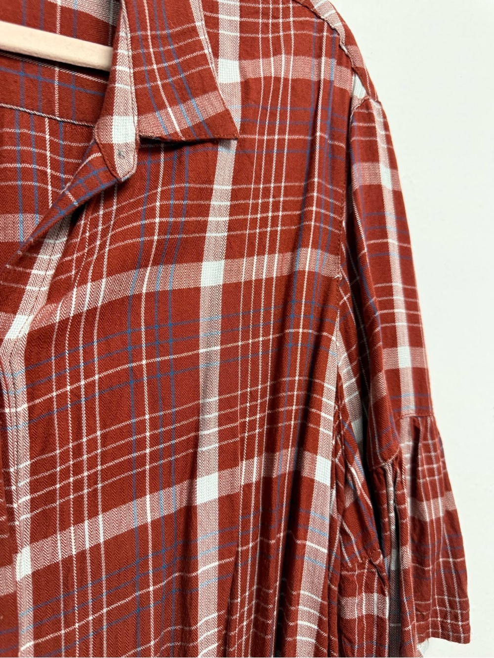 Plaid Ruffle Sleeve Button-Up Blouse – Rust / Blue / White - Picture 6 of 8